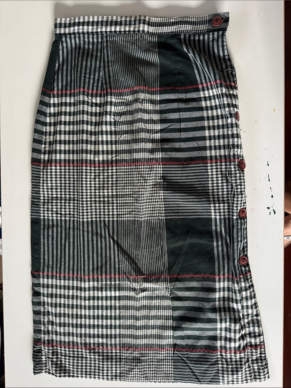 Button-Trim Black & White Plaid Midi Skirt